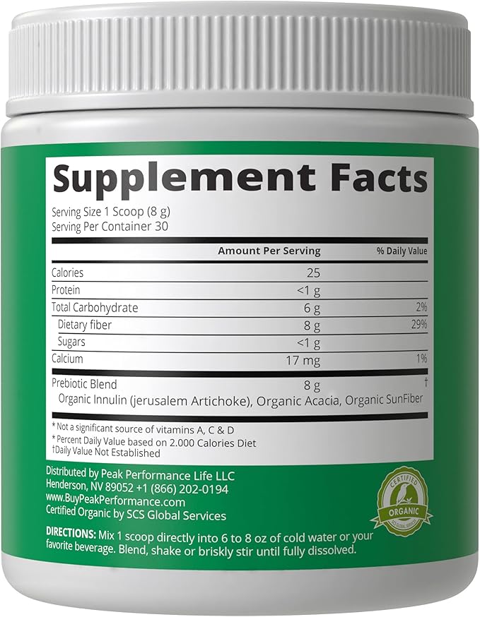 Organic Prebiotic Fiber 3-in-1 Vegan Powder for Gut Health. USDA Organic Raw Whole Food Plant Based Prebiotics Digestive Supplement with Organic Inulin (Jerusalem Artichoke), Acacia Fibers, SunFiber