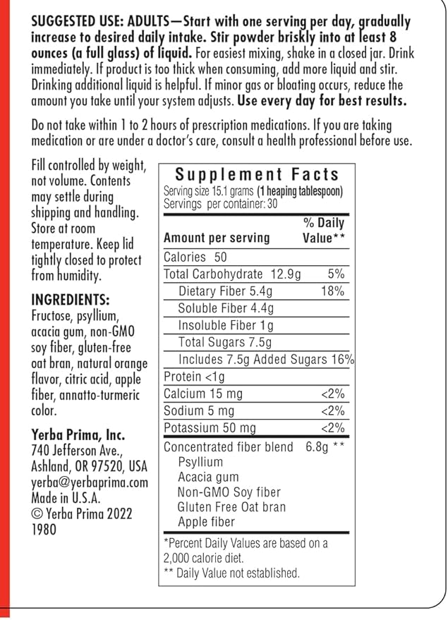 Yerba Prima Orange Daily Fiber Formula 1pound - Non-GMO, Gluten Free, Made in The USA, Delicious Natural Orange Flavor