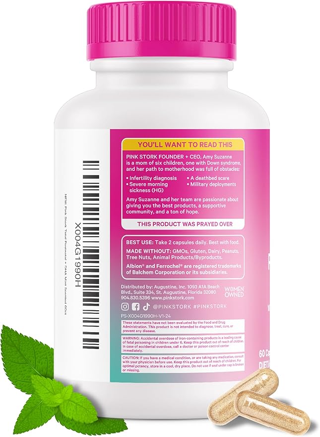 Pink Stork Total Postnatal Vitamins for Women - Mint Essenced Capsules with Vegan DHA, Iron, Folate, and Vitamin B12, Postpartum Recovery Essentials - 1 Month Supply