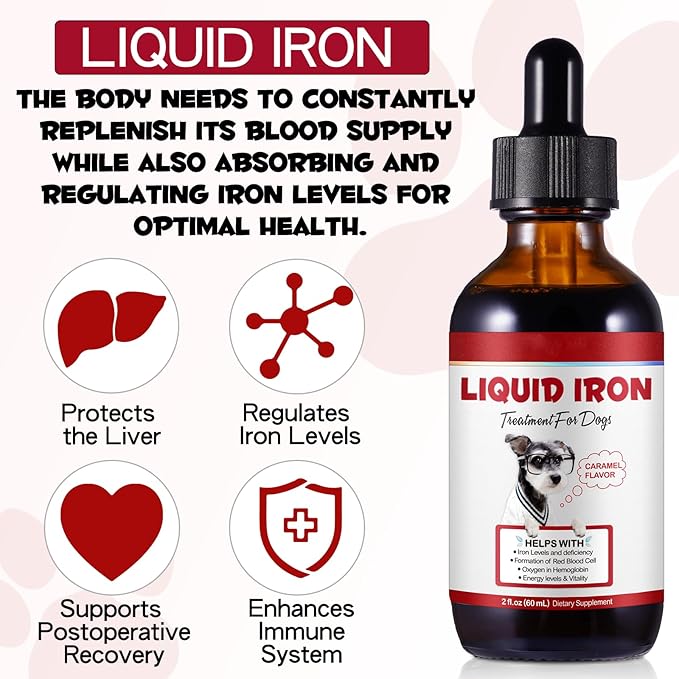 Liquid Iron Drops for Dogs, Liquid Iron Supplements for Dogs Supports Anemia, Promotes Blood Health, Improve Low Enery Levels and Lethargy - Pet Supplies Dog Vitamins - 60 ml/Caramel Flavor