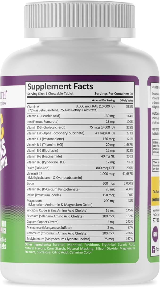 Procare Health Bariatric chewable Multivitamin with Iron 18mg (90 Tablets) - Fruit Punch Flavor Bariatric Multivitamin Chewable Pills for Gastric Bypass & Sleeve Gastrectomy Patients* (3 Month Supply)