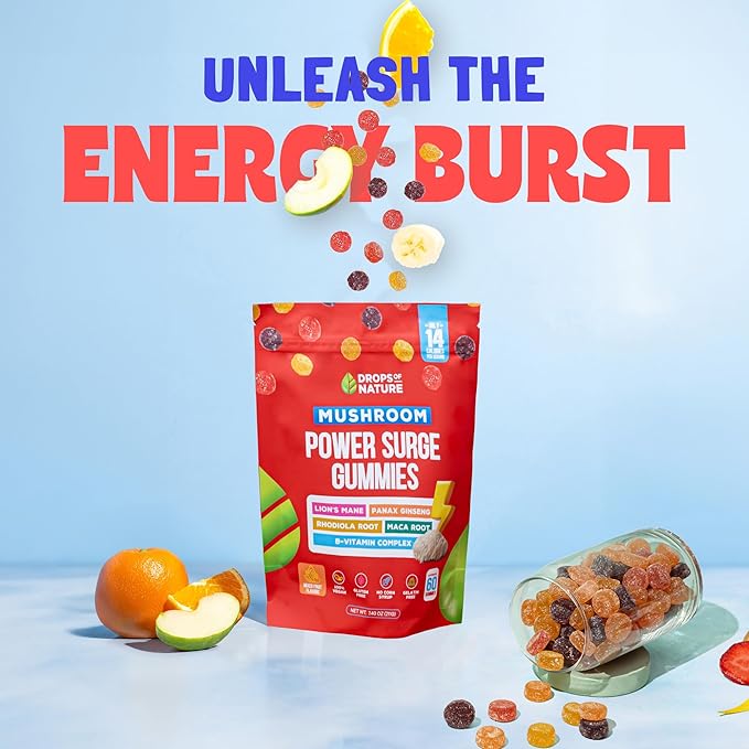 Mushroom Supplement Power Surge Gummies - Lions Mane, Maca Root, Panax Ginseng, Vitamin B12 & Rhodiola - Vegan, Vitamin B Complex - Mushroom Gummies for Energy and Wellness (Mixed Fruits, 60 Gummies)