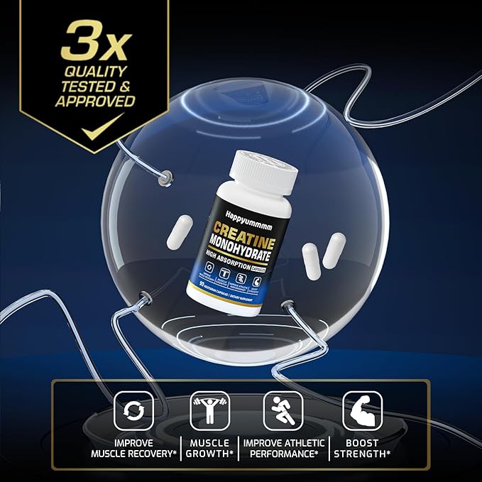 Creatine Monohydrate Capsules - Micronized Creatine Monohydrate, Creatine Pills - 3 Creatine Capsules per Serving, 2500mg, Gluten Free, 90 Capsules.