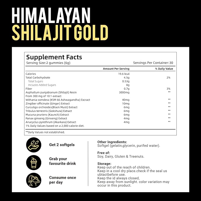 Shilajit Gummies, Shilajit micronutrient Supplement, Himalayan Premium Ingredient Shilajit - Ashwagandha, Gokshura, Fulvic Acid & 85+ Trace Minerals