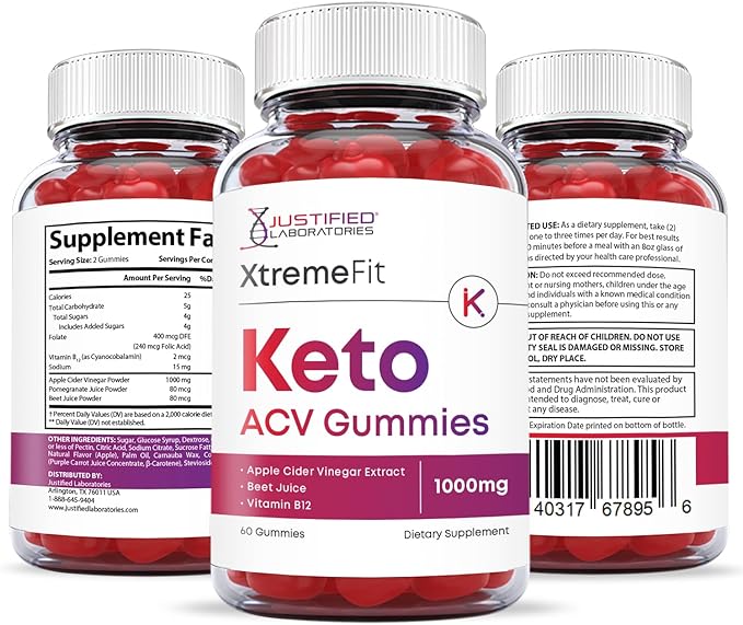 Justified Laboratories (2 Pack) Xtreme Fit Keto ACV Gummies 1000MG Vegan Non GMO with Pomegranate Juice Beet Root B12 120 Gummys