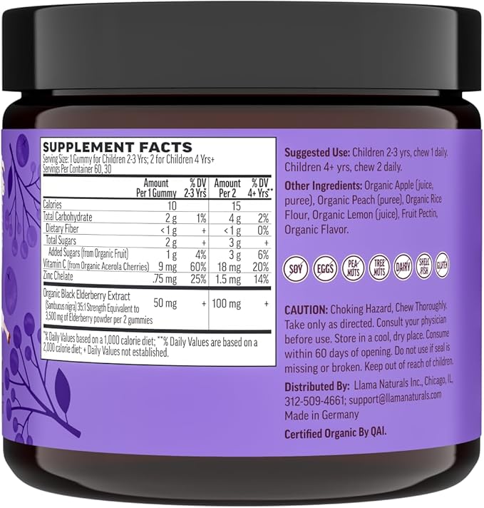 Llama Naturals Real Fruit Sambucus Elderberry Gummies for Kids | No Added Sugar Cane, Vegan, Organic Toddler Immune Support | Zinc & Natural Vitamin C | Children Immunity Boost | 60 ct (30 Days)