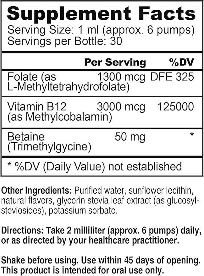 Core Med Science Liposomal B12 Folate TMG Liquid Spray Supplement for Women & Men - Supports Mood, Cognitive, & Heart Health - Vitamin B9 & Betaine for Homocysteine Levels & Methylation Cycle, 1 Fl Oz