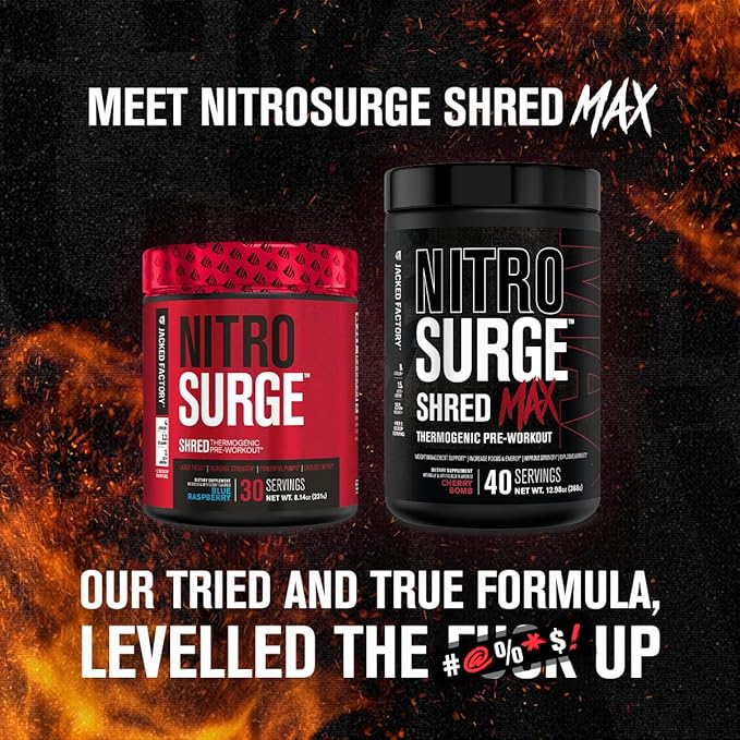 Jacked Factory NITROSURGE Shred Pre Workout Supplement - Energy Booster, Instant Strength Gains, Sharp Focus, Powerful Pumps - Nitric Oxide Booster & PreWorkout Powder - 30Sv, Orange Pineapple