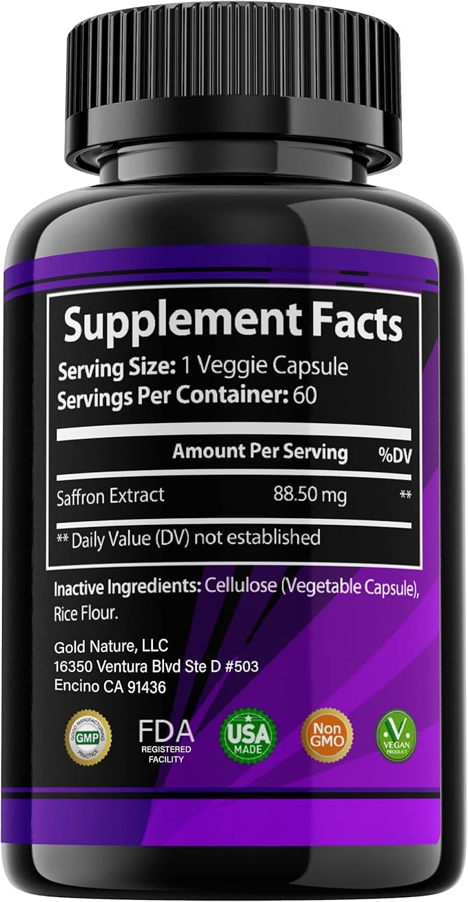 Golden Saffron, Saffron Extract 8825 (Vegetarian) - Best All Natural Appetite Suppressant That Works - 88.5 mg per Capsule - Manufactured by Highest Grade Saffron, Non-GMO, 30 Day Supply
