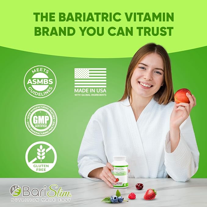 BariSlim Advanced Chewable Bariatric Multivitamin Tablets - Bariatric Vitamin and Supplement for Post Bariatric Surgery Including Gastric Bypass & Gastric Sleeve | Mixed Berry (60 Count)