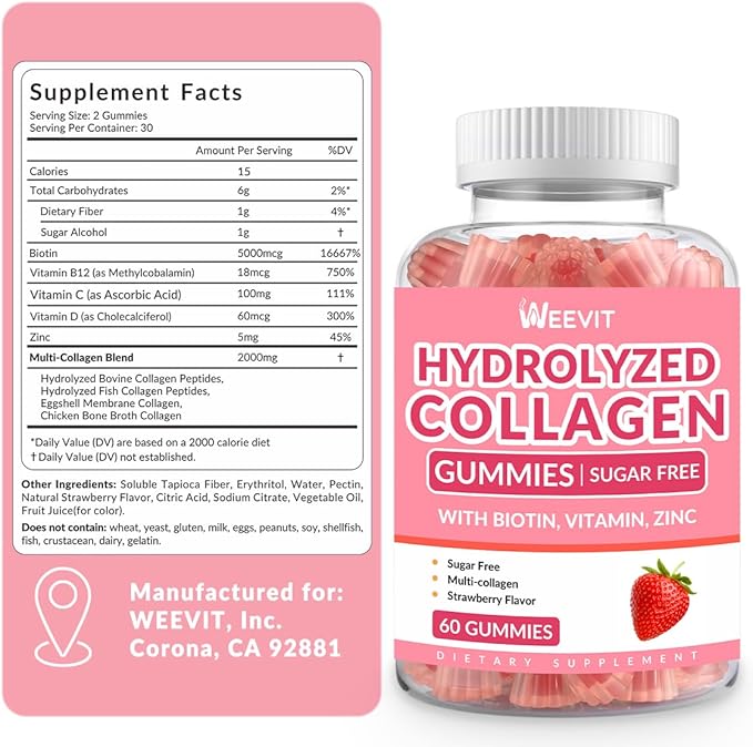 Sugar Free Collagen Gummies for Women, 2000mg Protein Type I,II,III,V,X with 5000mcg Biotin Vitamin C D B12, Hydrolyzed Collagen Peptides Gummies for Immune Digestion Skin Hair Nails Energy Bone Joint