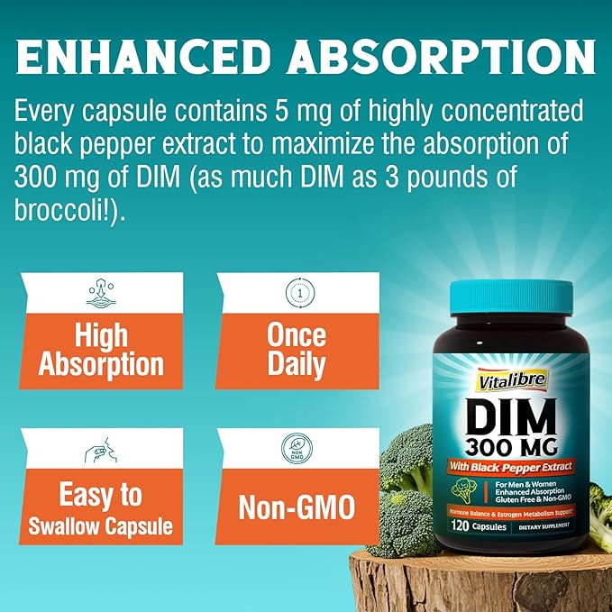 DIM Supplement for Women & Men, Estrogen Metabolism, Hormone Balance & Menopause Support, DIM 300 mg with Black Pepper Extract, High Absorption, 120 Capsules