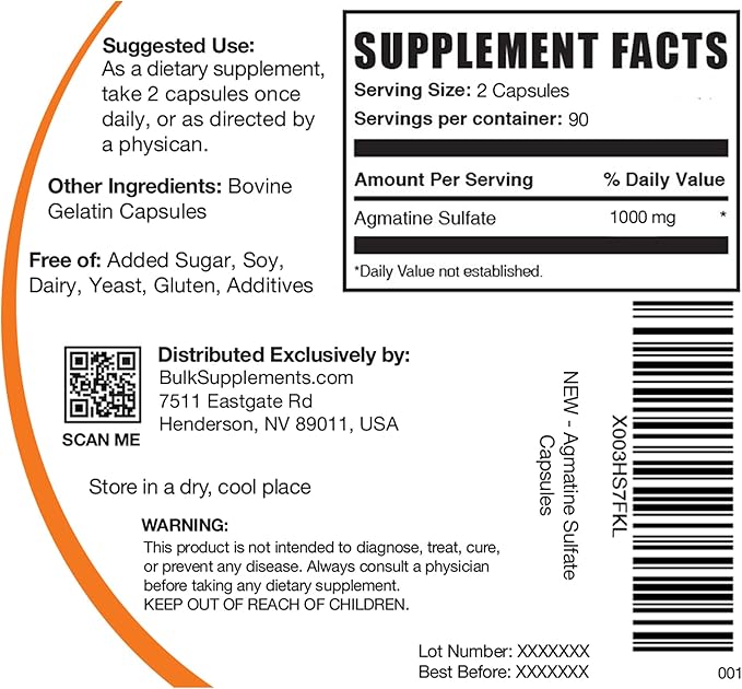 BulkSupplements.com Agmatine Sulfate Capsules - Nitric Oxide Supplement, Agmatine Sulfate 1000mg - Gluten Free, 2 Capsules per Serving, 180 Capsules (Pack of 1)