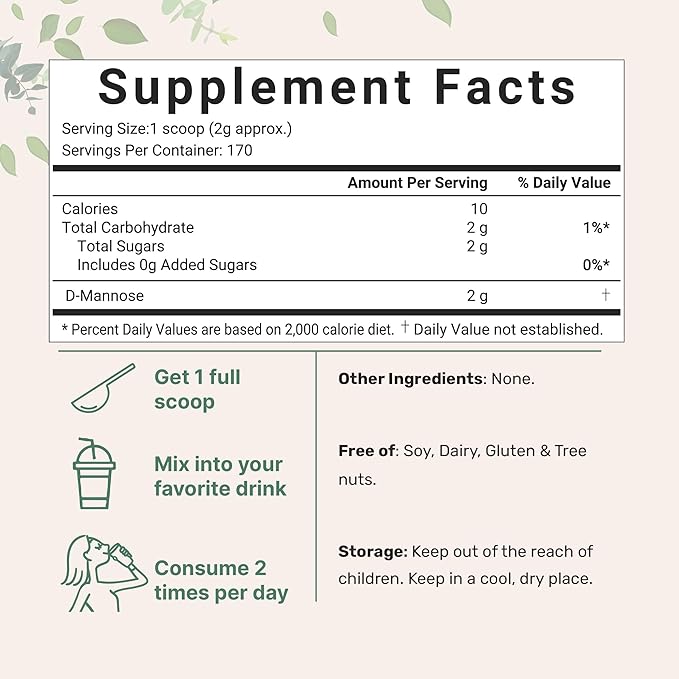 Micro Ingredients D Mannose Powder, Pure Mannose Supplement, Quick Water Soluble, Support Urinary Tract Cleanse & Bladder Health, Premium Mannose for Women and Men, Vegan Friendly.