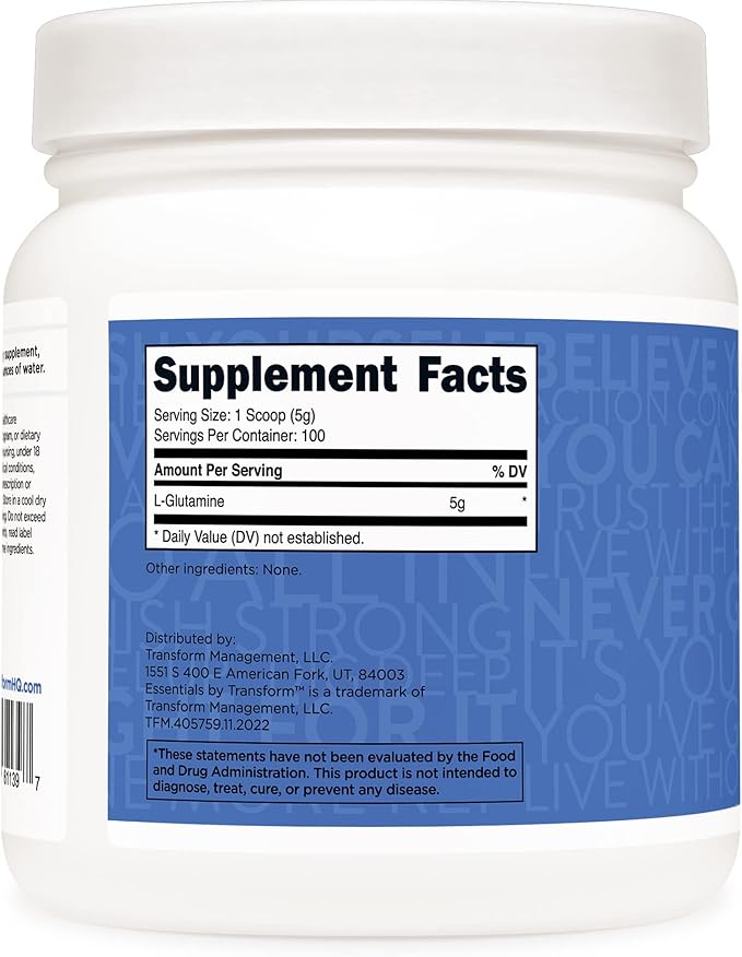 TransformHQ L-Glutamine Powder, 500G, 100 Servings - Gluten Free, Non-GMO