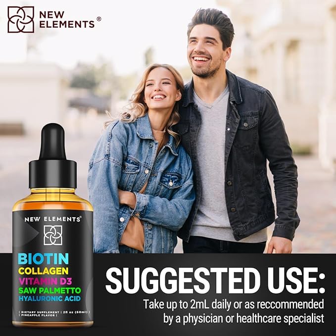 Liquid Biotin Drops with Collagen Vitamin D3 Saw Palmetto & Hyaluronic Acid for Hair Skin and Nails, Hair Growth Supplement for Men & Women | Non-GMO | Gluten-Free