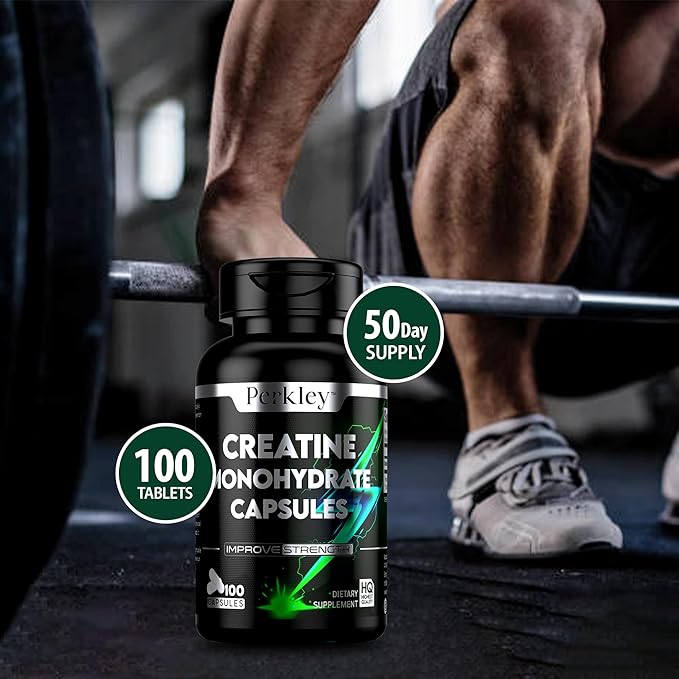 Perkley™ Creatine Monohydrate Capsules,100 Count (50 Servings) Strength, Muscle Growth & Performance Boost, Micronized Creatine for Fast Absorption, Pre- and Post-Workout Support