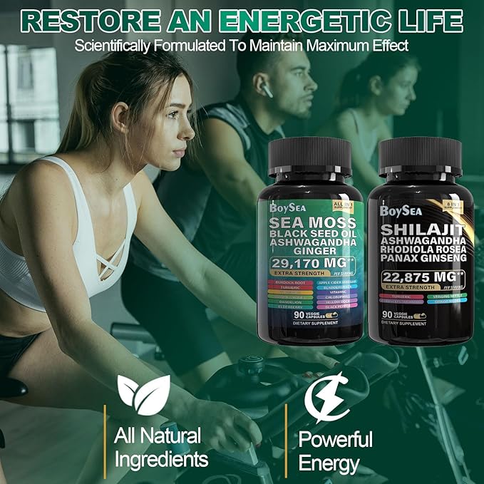 Boysea.sea Moss and shilajit Bundle - 90 Count - Sea Moss 7000mg, Black Seed Oil 4000mg, Ashwagandha 2000mg, Ginger & Shilajit 9000mg, Rhodiola Rosea 1000mg, All in 1 Supplements (3 Pack)