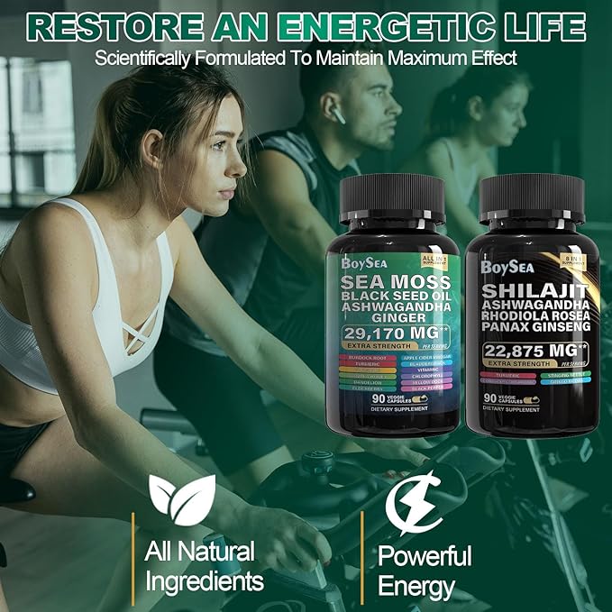 Boysea.sea Moss and shilajit Bundle - 90 Count - Sea Moss 7000mg, Black Seed Oil 4000mg, Ashwagandha 2000mg, Ginger & Shilajit 9000mg, Rhodiola Rosea 1000mg, All in 1 Supplements (3 Pack)