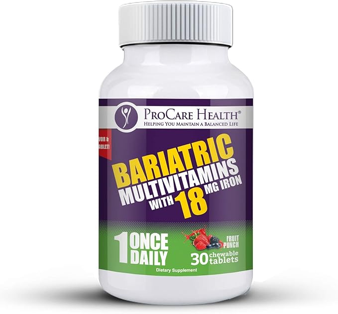 Procare Health Bariatric chewable Multivitamin with Iron 18mg (30 Tablets) - Fruit Punch Flavor Bariatric Multivitamin Chewable Pills for Gastric Bypass & Sleeve Gastrectomy Patients* (1 Month Supply)
