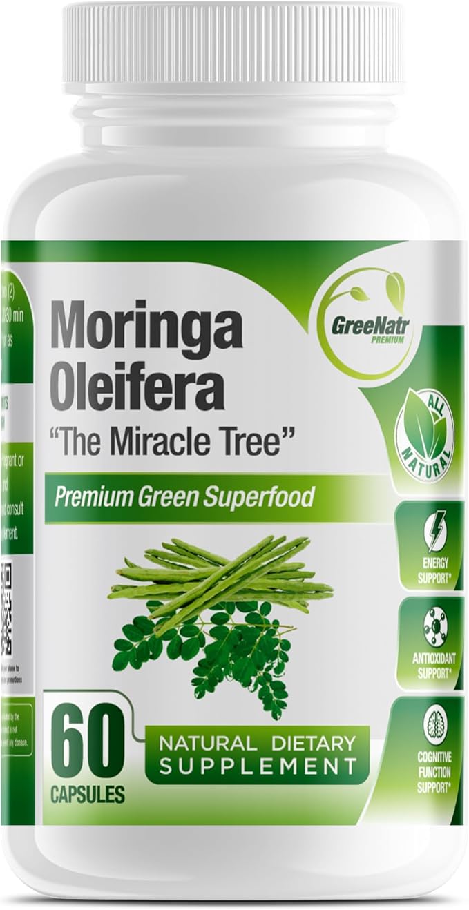 Pure Moringa Oleifera Green Superfood Capsules with Vitamin C, Omega 3 & Amino Acids - Boosts Energy, Mood, Memory, Immune Support - Made from Organic Moringa, Non-GMO - 60 Capsules (1 Bottle)
