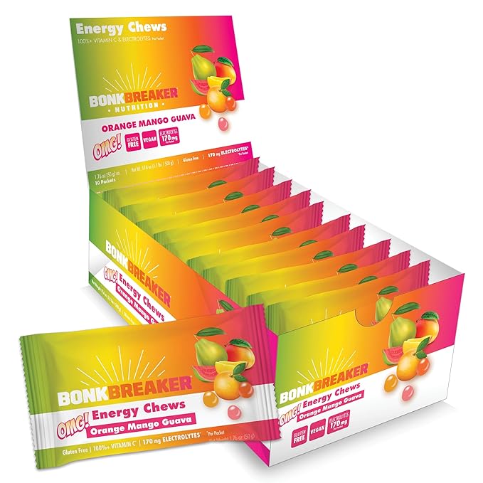 Bonk Breaker Energy Chews with Electrolytes, Orange Mango Guava, Easy to Chew Energy Gummies, 10 Pack