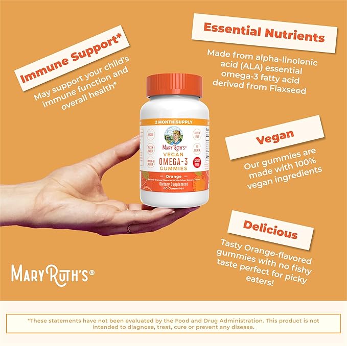 MaryRuth Organics Vegan Omega 3 Gummies for Adults | 2 Month Supply | Sugar Free Supplement with Vitamin C | Flaxseed Oil Immune Support | Overall Wellness | No Fish Taste | 60 Count
