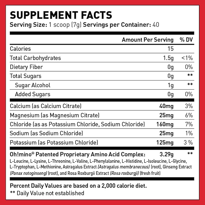 Oh!mino Amino Acid Energy Blend - Pre-Post Workout Powder, BCAA Amino Acids, Workout Recovery Drink, Muscle Synthesis Activator, Caffeinated Berry Blast, 280 g, 40 Servings