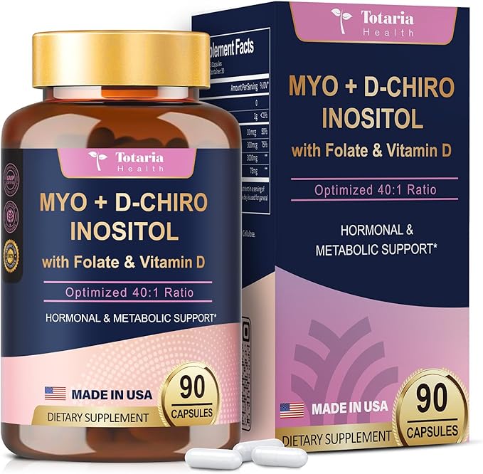 Inositol Supplement for Women with Vitamin D3, Folate, 40:1 Ratio Myo-Inositol 3000mg & D-Chiro Inositol 75mg Complex, (Vitamin B8) Inositol Capsules, 90 Capsules, 30 Servings