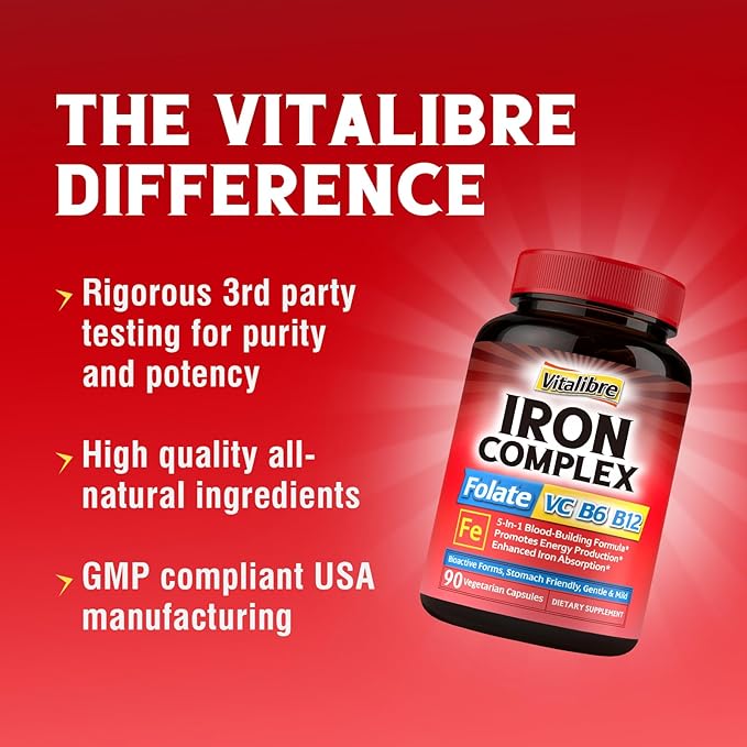 Iron Supplement for Women & Men, with Vitamins C, B6, B12 & Folate for Iron Deficiency, Blood Building & Energy Support, Stomach Friendly, Better Absorption, Non-GMO, No Gluten, 90 Vegan Caps