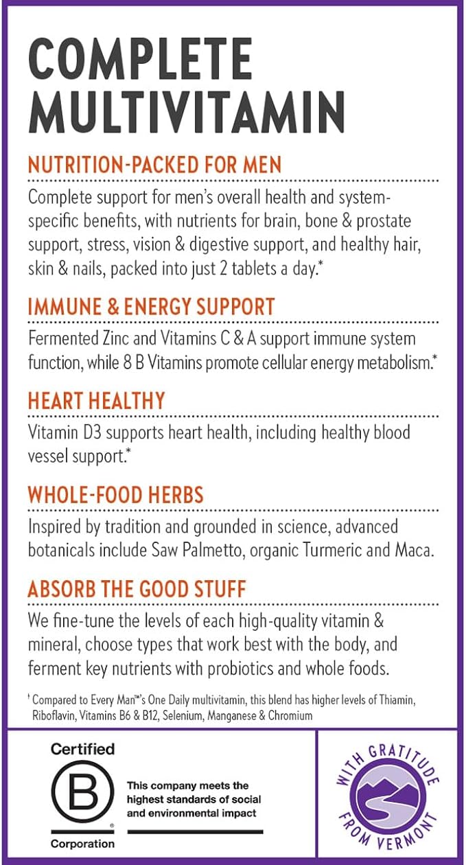 New Chapter Men's Multivitamin Advanced Formula for Stress, Brain, Immune, Heart & Energy Support, Higher Levels of Whole-Food Fermented Essential Nutrients for Men + Selenium + B Vitamins, 120 ct
