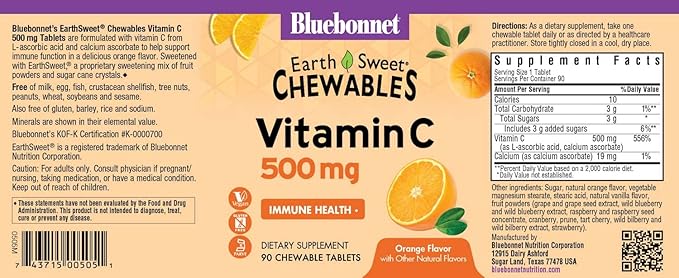 Bluebonnet Nutrition EarthSweet Vitamin C 500 mg Powerful Antioxidant Protection & Immune Health Support Supplement - Maximum Absorption - Gluten-Free, Vegan - Flavor - Chewable Tablets Orange, 90 Count (Pack of 1)