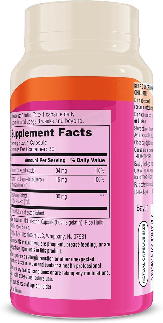 One A Day Skin Radiance, Skin Supplement to Support Skin Hydration & Glow with Blood Orange Extract & Collagen Health with Vitamin C & Vitamin E, 30 Capsules