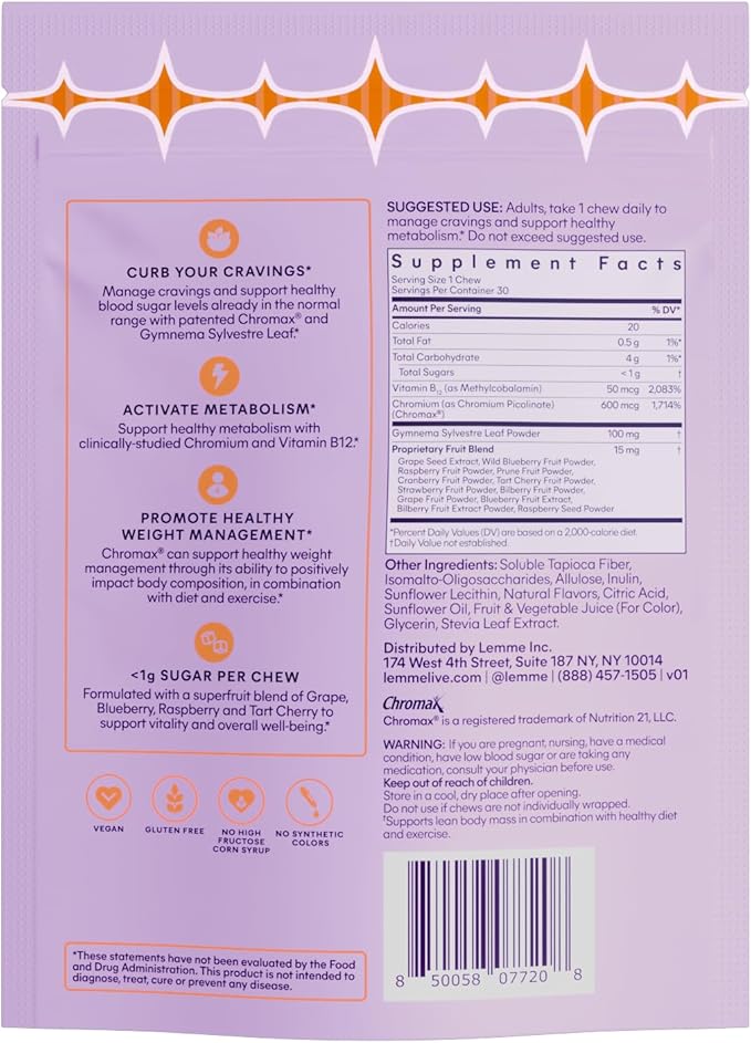 Lemme Curb Cravings Soft Chews - Reduce Appetite, Support Healthy Diet, Metabolism & Lean Body w/Clinically Studied Chromium, Gymnema & B12, No Added Sugar, Mixed Berry, 30 Count (Month Supply)