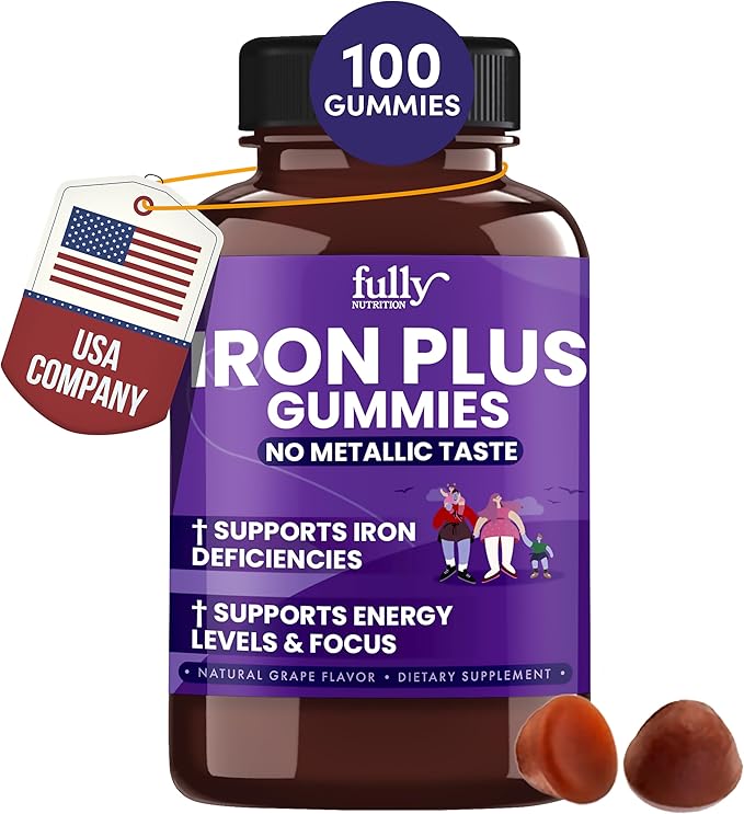 Iron Gummies Supplements for Adults (Women, Men) and Kids – Grape Flavor- Supports Anemia, Energy and Focus Levels – 100 Count