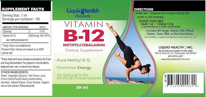 LIQUIDHEALTH Vitamin B12 Methylcobalamin Liquid Drops with Sublingual Hydroxocobalamin - Boost Energy, Support Immune System, Improve Memory & Concentration - Vegan, Sugar Free, Non-GMO (3pack)