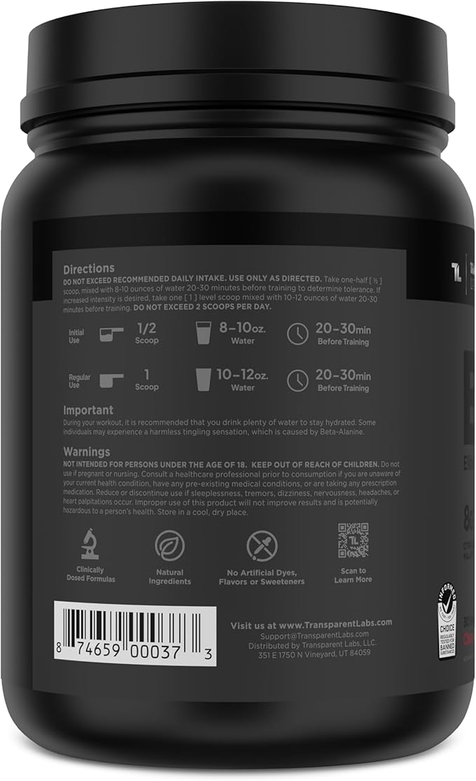 Transparent Labs Bulk Black Pre Workout - Clinically Dosed, Sugar Free Preworkout for Men and Women with Beta Alanine Powder, Citrulline Malate, & Caffeine Powder- 30 Servings, Cherry Kiwi