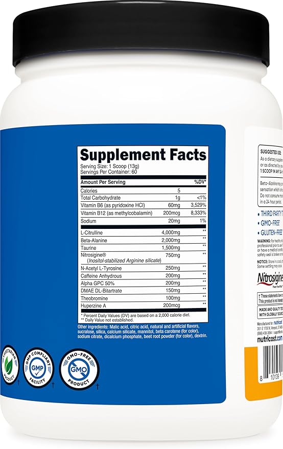 Nutricost Pre-Workout Complex Powder (60 Servings, Peach Mango) - Pre-Workout Supplement with Beta-Alanine, Taurine & Amino Acids