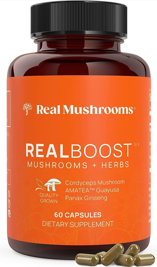 Real Mushrooms RealBoost Capsules - Mushroom Supplement Blend with Cordyceps Mushroom, Panax Ginseng Extract & Guayusa Extract - Energy, Immune Defense, & Mood Support Supplement - Vegan, 60 Caps