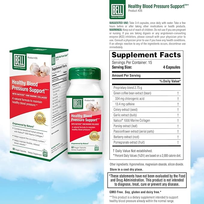 Bell Healthy Blood Pressure Support™ Unique Blend - Natural Blend of Green Coffee Bean Extract, Garlic & Celery Seed Extract Supplements- 60 Capsules, Vegan, Non-GMO
