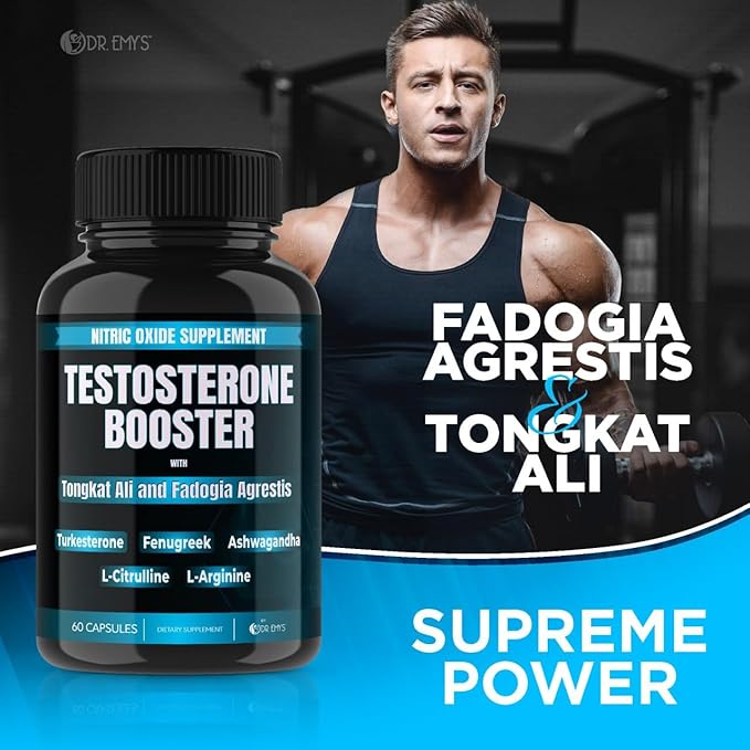 Dr. Emy's (1 Pack Testosterone Booster-Tongkat Ali Fadogia Agrestis Nitric Oxide Ashwagandha Supplement for Men with L Arginine Citrulline Fenugreek - Turkesterone Pre Workout Pump (60 Capsules)