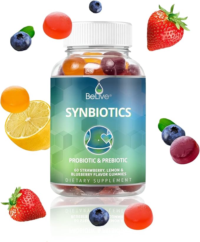 BeLive Synbiotics - Probiotic & Prebiotic Fiber Gummies – High Strength Inulin (3g), Dietary Fiber Supplement, Digestive Support for Kids & Adults - Strawberry, Lemon, Blueberry Flavor (60Ct)