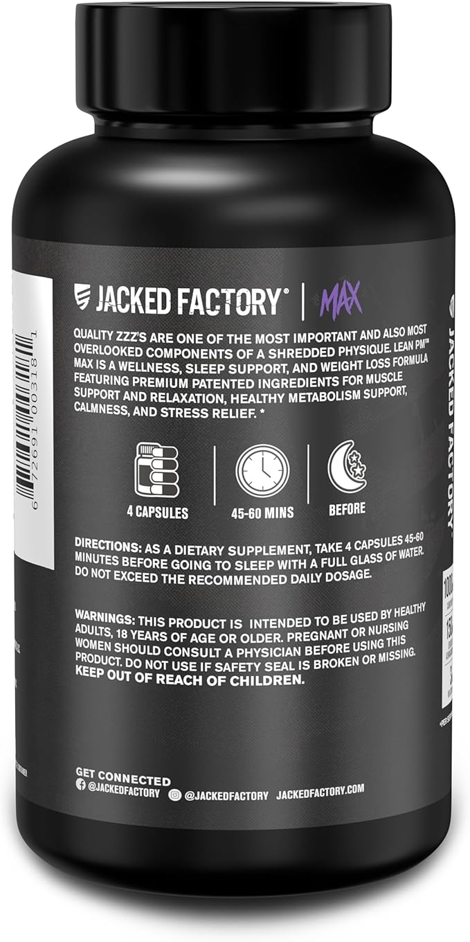 Jacked Factory Lean PM Max - High-Performance Weight Loss, Sleep Support, Fat Burner, & Appetite Suppressant for Men and Women w/Melatonin, Magnesium, Carnipure, & Ashwagandha - 120 Diet Pills