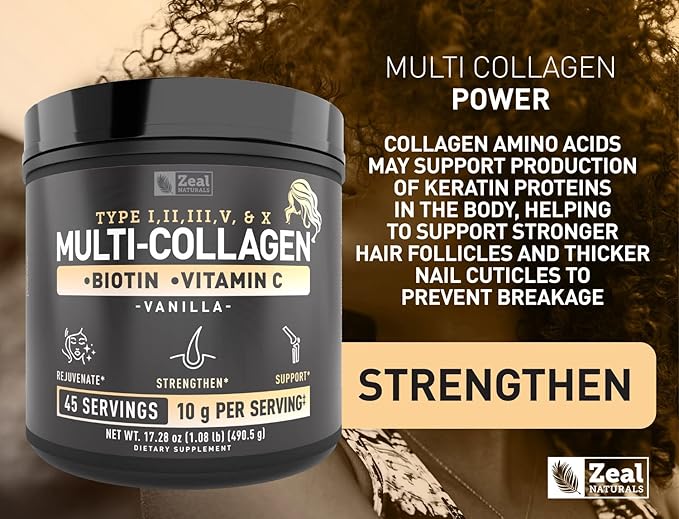 Premium Multi Collagen Peptides Protein Powder (1, 2, 3, 5 & 10) with Vitamin C, Biotin, Hyaluronic Acid, for Hair Skin and Nails - Marine, Bovine, Chicken & Eggshell (Vanilla, 45 Servings)
