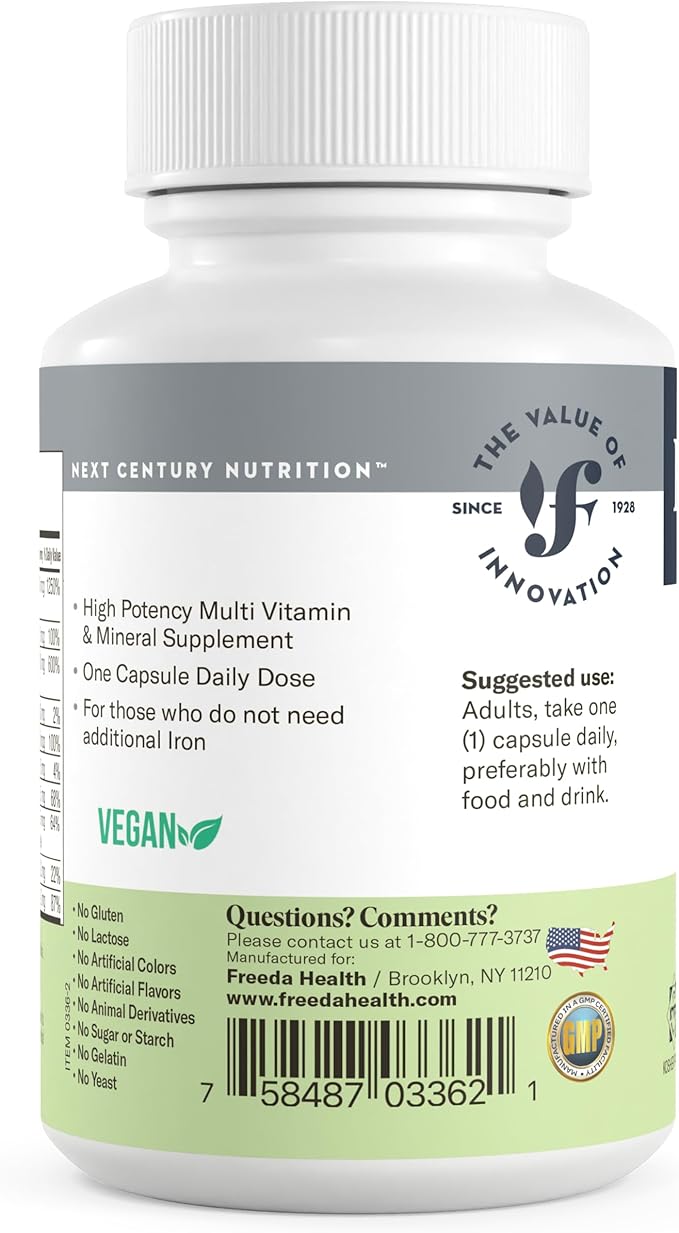 FREEDA One Daily Multivitamin Without Iron – Kosher Adult Multivitamin Supplements for Women & Men’s Health with Biotin, Vitamin B12, B1, B2, B5, Folic Acid, Niacinamide – Gluten Free (250 Capsules)