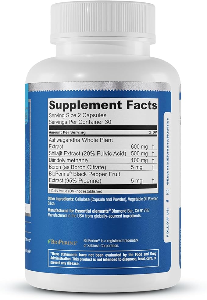 Essential Elements Male Health Supplement - Muscle Support & T-Health with DIM, Ashwagandha, Shilajit, More | T-Hero 60 Vegan Capsules