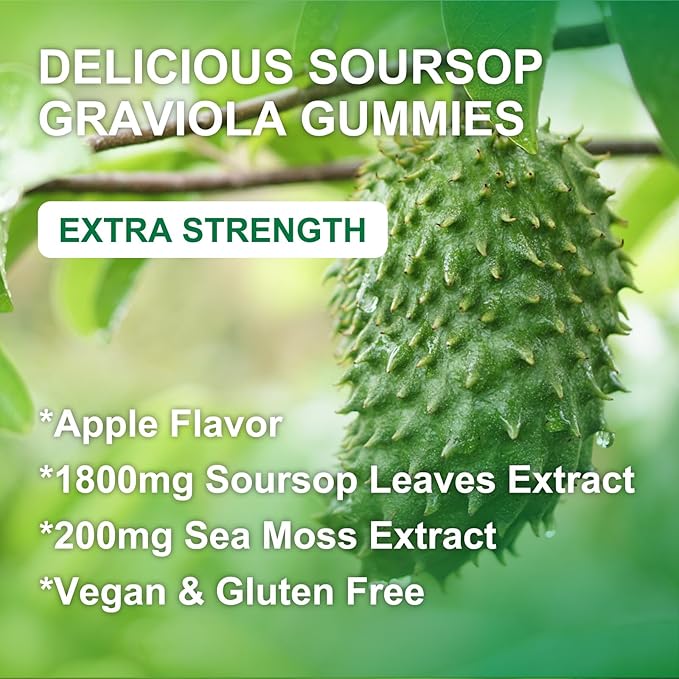 Soursop Graviola Gummies - Soursop Multivitamin Gummies with 200mg Sea Moss Extract for Antioxidant, Cell Support & Regeneration, Immune Support, Vegan, Apple Flavor - 60 Gummies