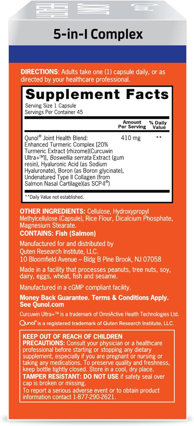 Qunol 5-in-1 Joint Support Supplement, Fast Acting, One Pill Dose, Support Healthy Inflammation Response & Discomfort Caused by Overuse of Joints, Alternative to Glucosamine Chondroitin MSM, 45 Count