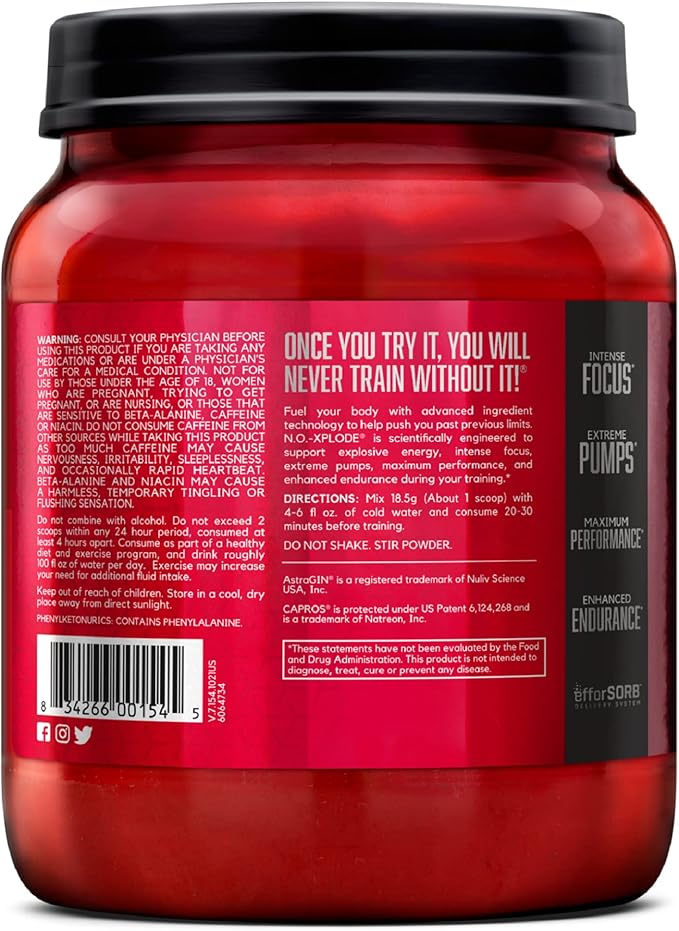BSN N.O.-XPLODE Pre Workout Powder, Energy Supplement for Men and Women with Creatine and Beta-Alanine, Flavor: Blue Raz, 60 Servings