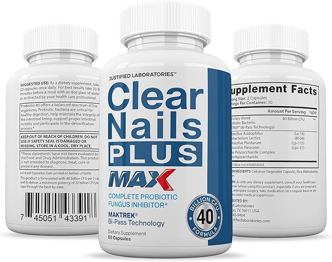 Justified Laboratories (3 Pack) Clear Nails Plus Max Pills 40 Billion CFU Probiotic Supports Strong Healthy Hair Skin Nails 180 Capsules